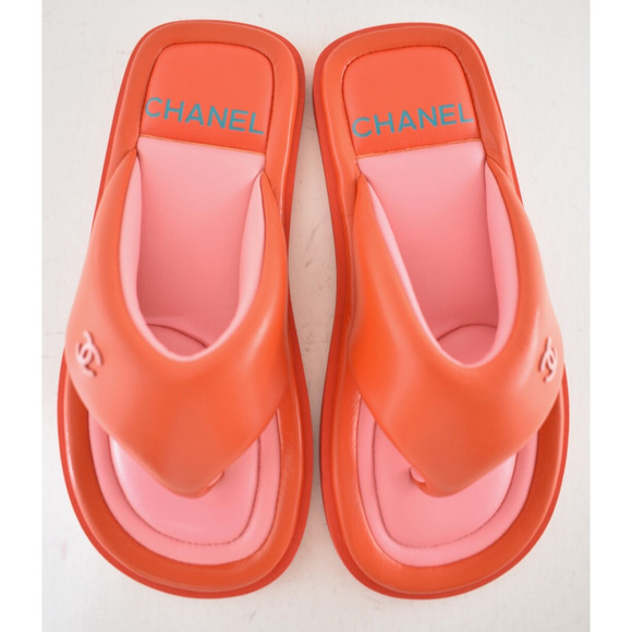 Chanel 22P Pink Red Lambskin Padded Pool Thong Logo Mule Slide Flat Sandal 37 - Picture 9 of 16